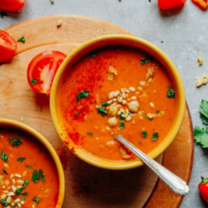 Romesco Soup with Smashed Chickpeas